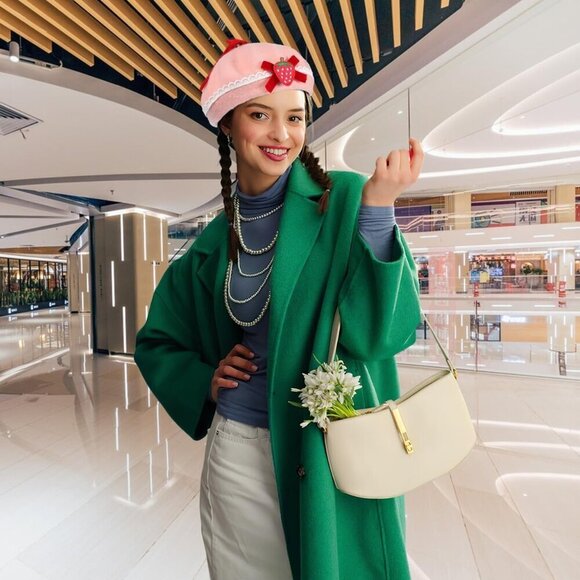Women Wool Beret Hat Pink Strawberry Bow Winter French Style Cap main image 4